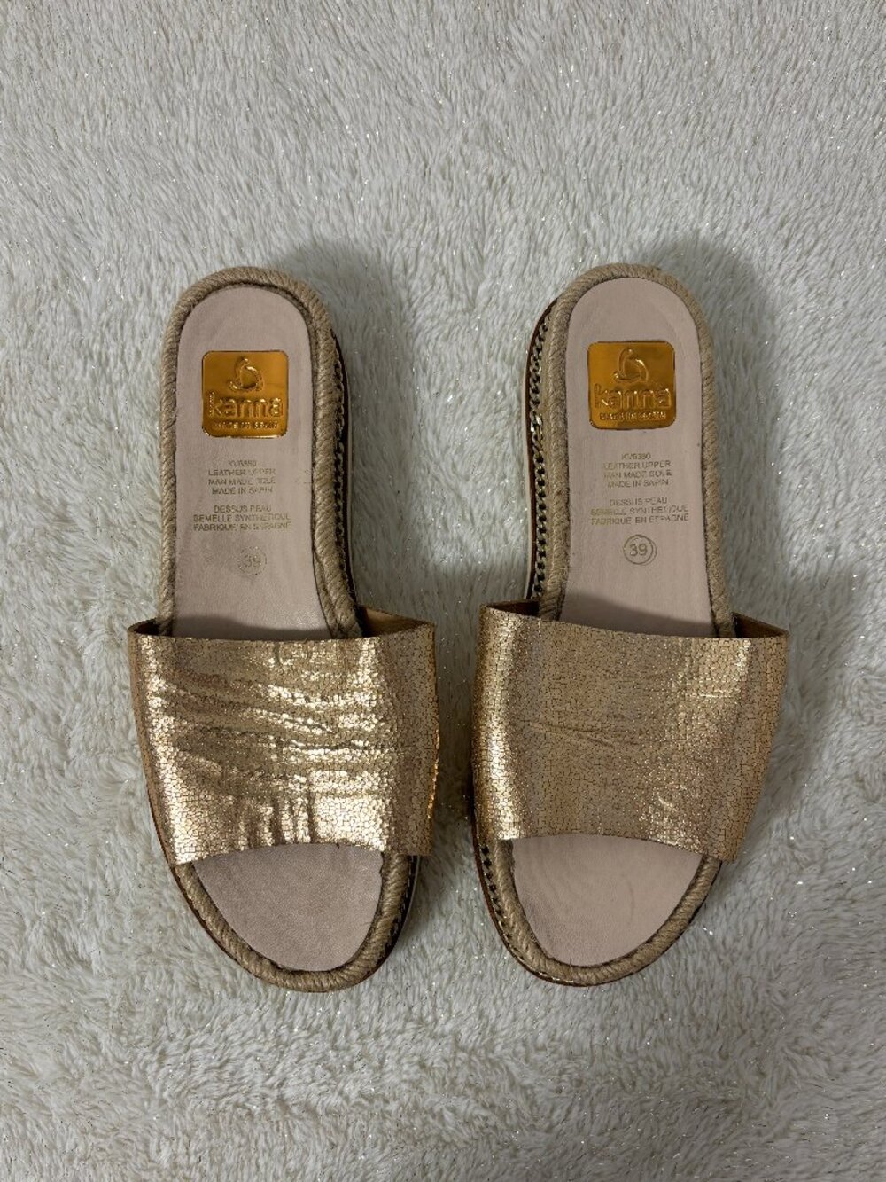 Kanna Leather Metallic Tan Gold Slide Sandals